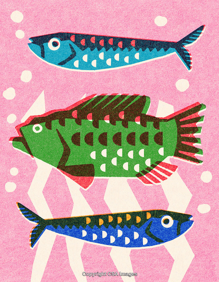 Colorful Artistic Illustration of Three Fish with Geometric Patterns on Pink Background