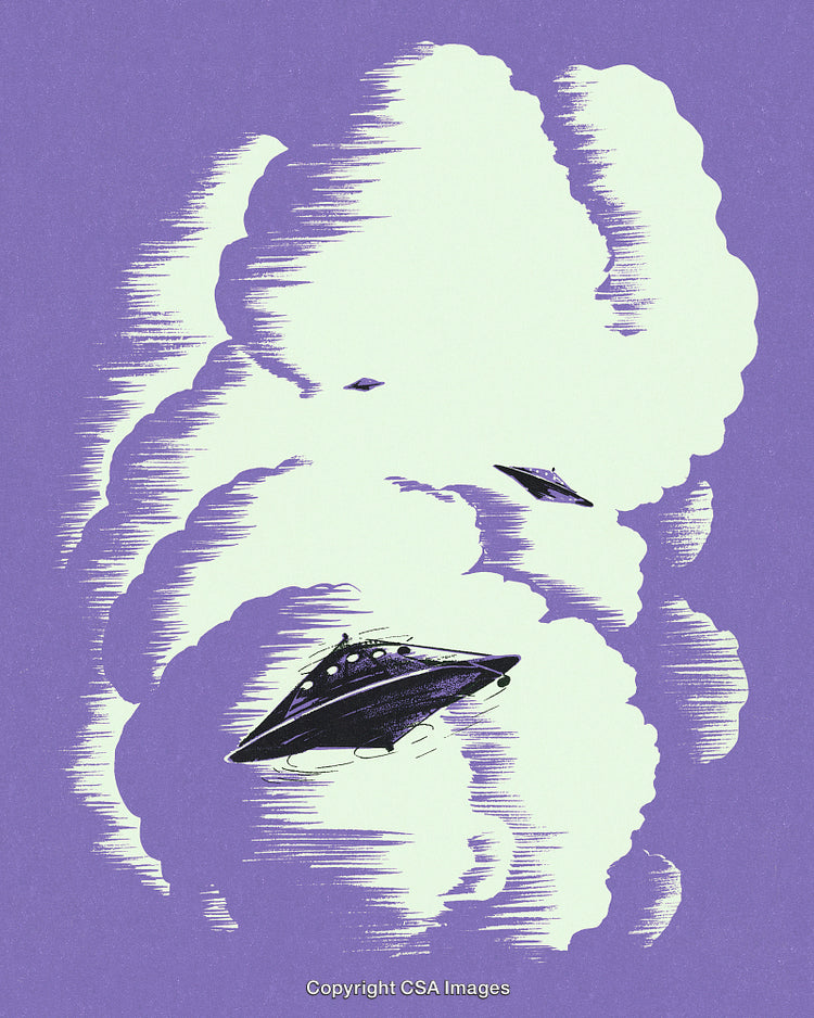 Retro Spacecraft Flying Through Stylized Clouds in a Sci-Fi Artwork