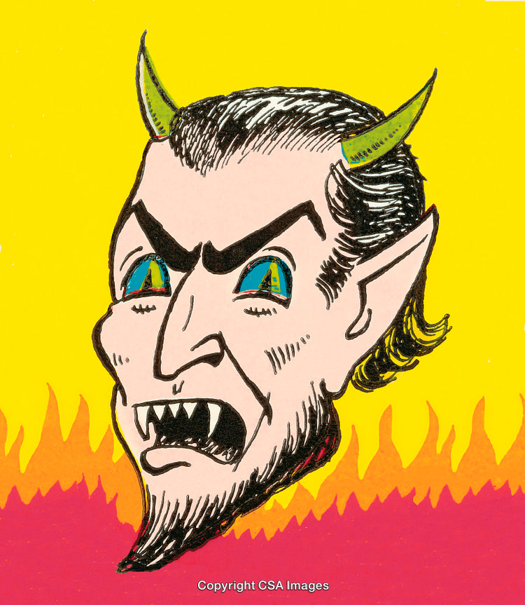 Illustrated Devil Head with Flames Against Yellow Background