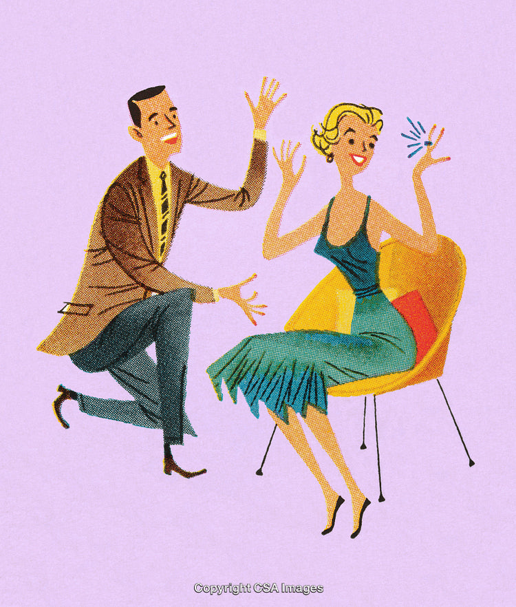 Retro Illustration of a Happy Conversation Between Two Stylish Individuals