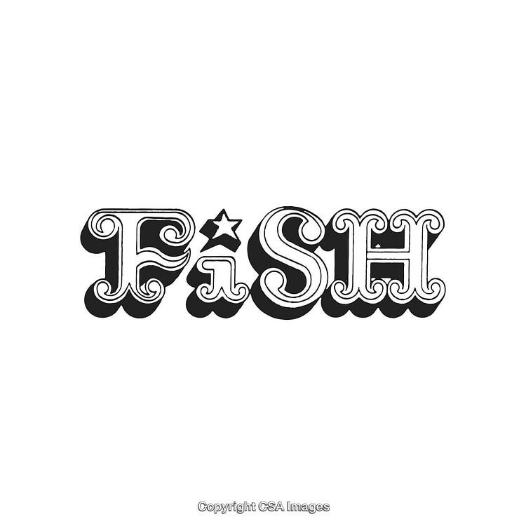 Retro Style Fish Typography Artwork in Black and White Design