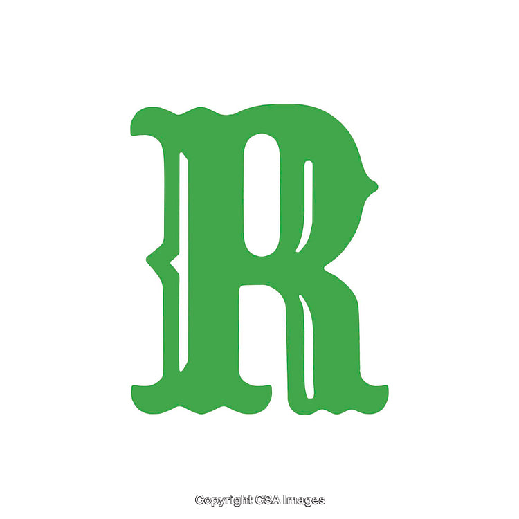 Green Ornamental Letter R in Bold Classic Typography