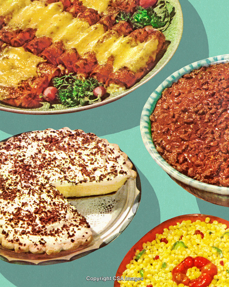 Variety of Colorful Dishes Representing Classic Cuisine on a Vibrant Background