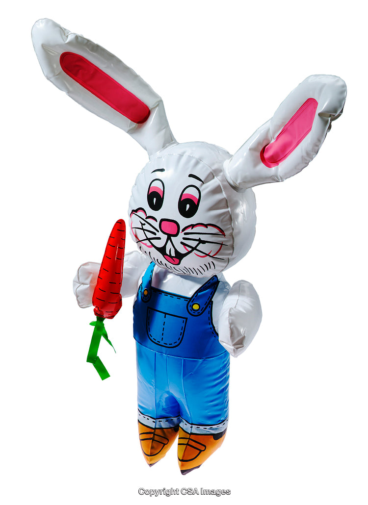 Inflatable Bunny Toy With Overalls and Carrot Isolated on White Background