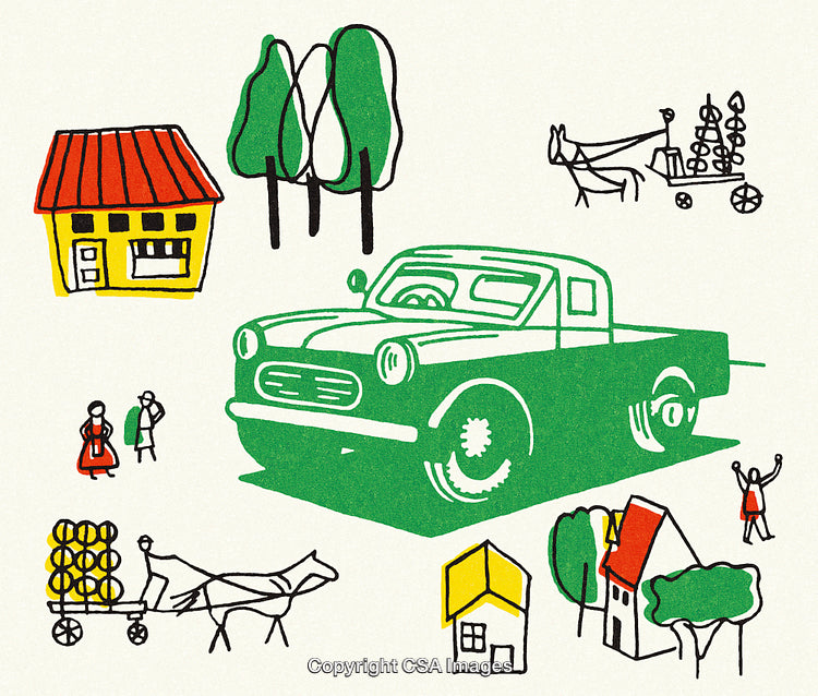 Illustrated Rural Scene with Vehicles, Houses, People, and Trees in Vibrant Colors