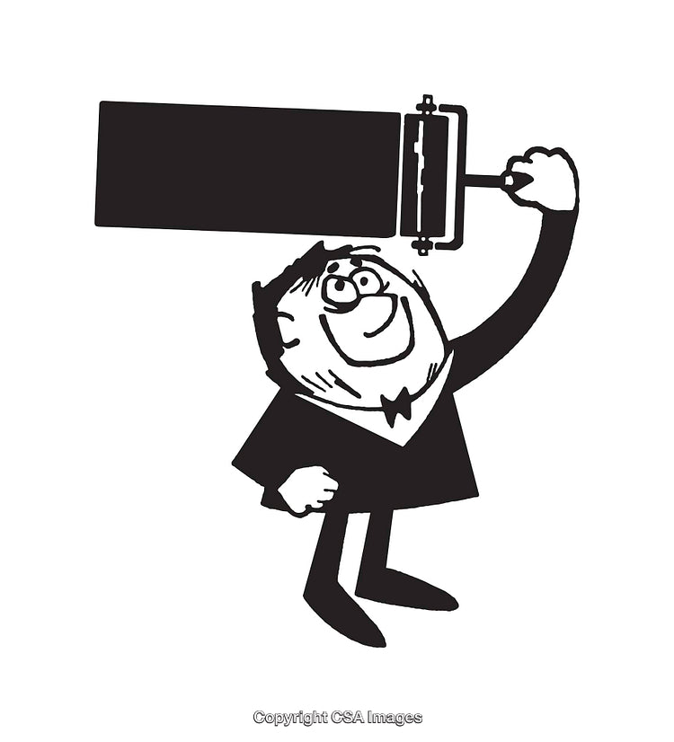 Cheerful Cartoon Character Holding A Blank Roller Banner