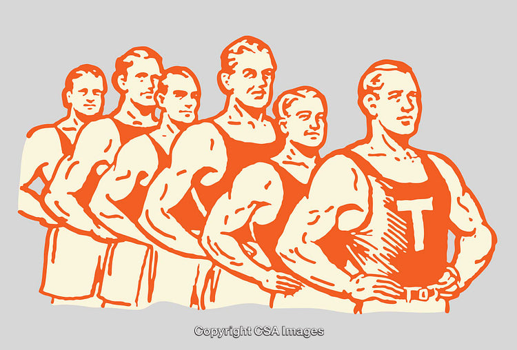 Retro Illustration of Strong Men in a Lineup Showing Strength