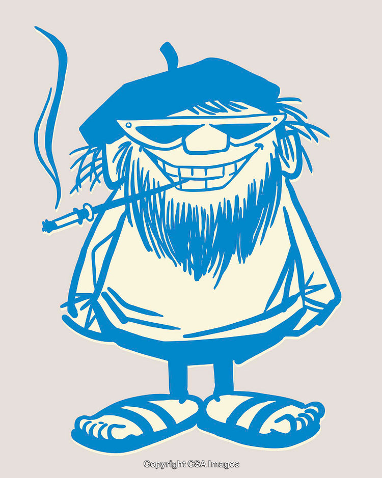 Retro Style Cartoon Character With Beret and Cigarette in Blue Line Art