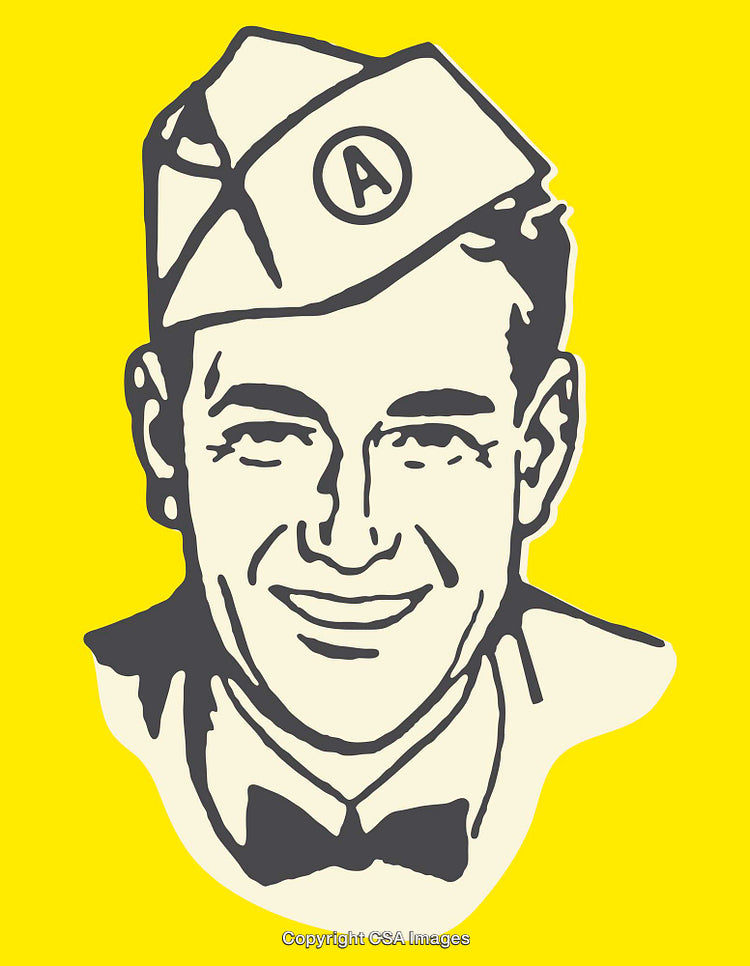 Retro Style Line Art Illustration of Smiling Man with Yellow Background