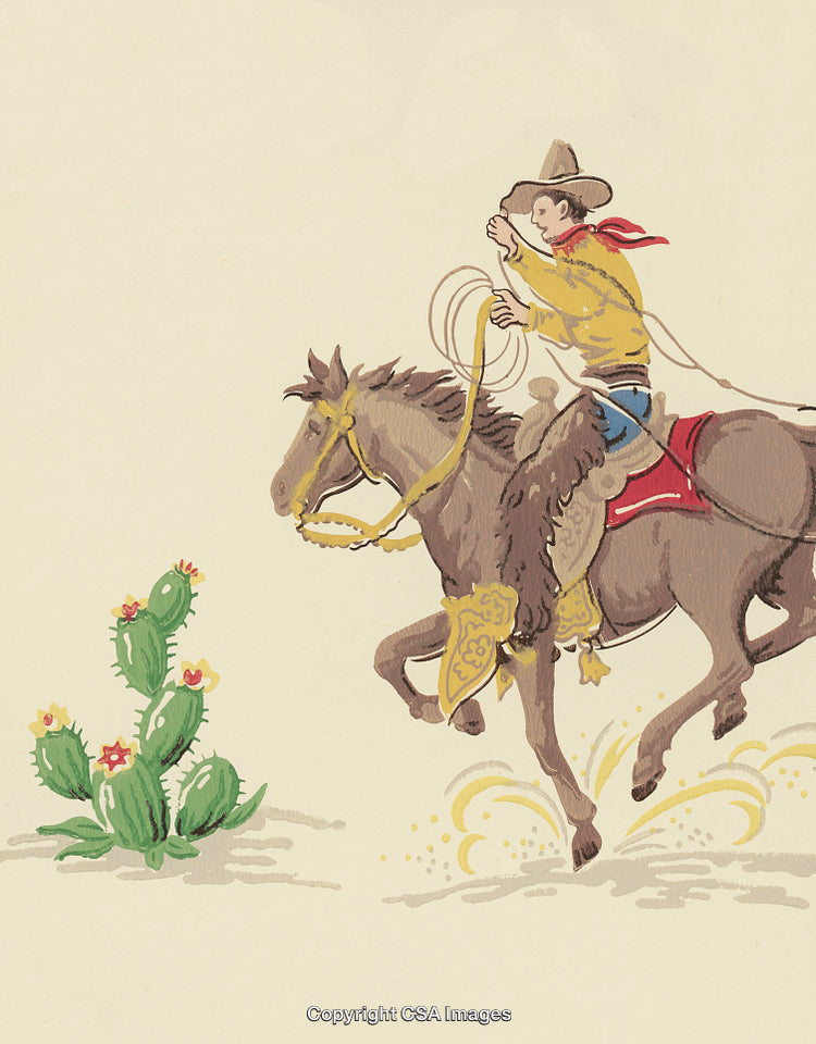 Cowboy Riding Horse With Lasso in Western Desert Landscape