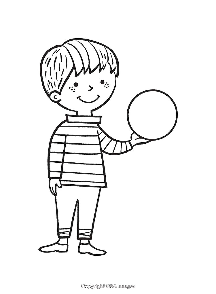 Child Holding Ball Line Art Illustration in Black and White