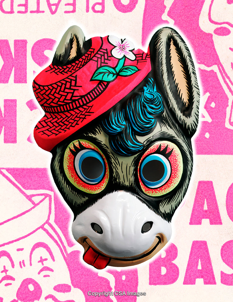 Colorful Donkey Mask with Vibrant Pink Background and Decorative Details