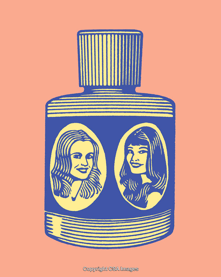 Retro Line Art Perfume Bottle with Two Female Portraits