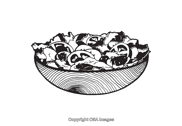 Black and White Line Art Illustration of a Salad in a Bowl