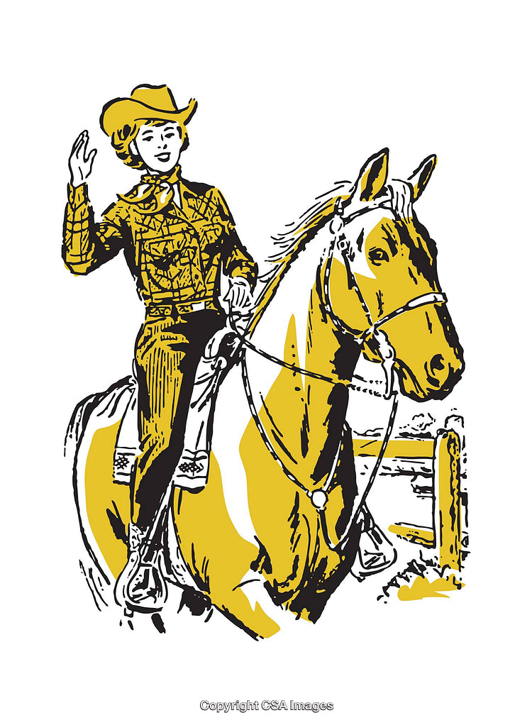Cowgirl Riding a Horse and Waving in Detailed Color Illustration