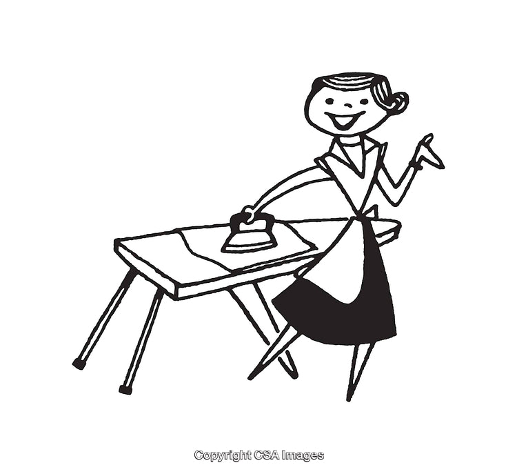Vintage Line Art Illustration of Woman Ironing Clothes on Ironing Board