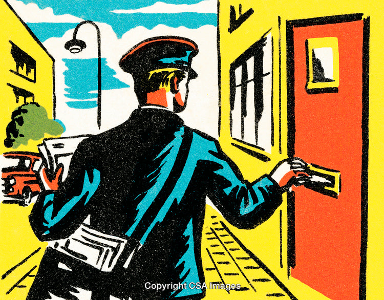 Vintage Illustration of a Postman Delivering Mail to Door in Urban Scene