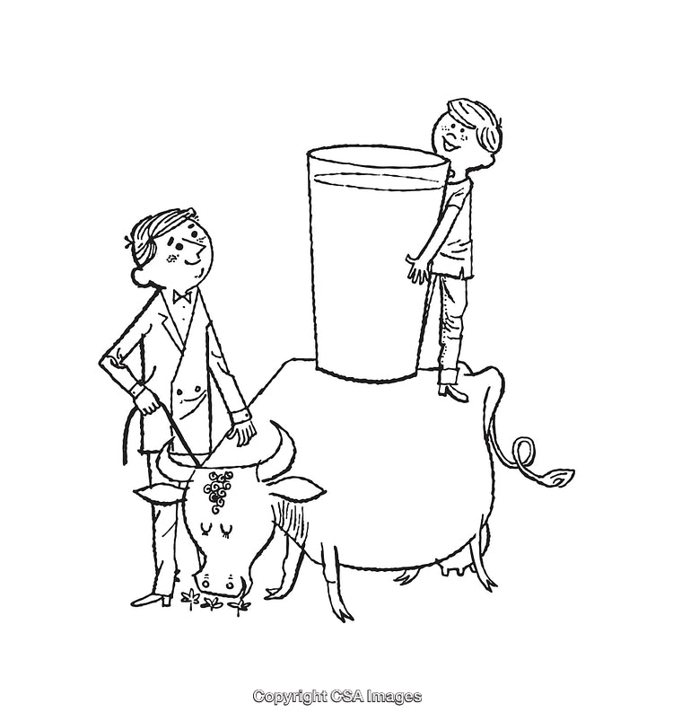 Black and White Line Art of Children and a Cow with Milk Glass