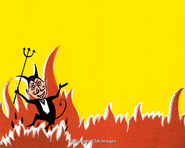 Stylized Cartoon Devil Amid Flames on a Vibrant Yellow Background