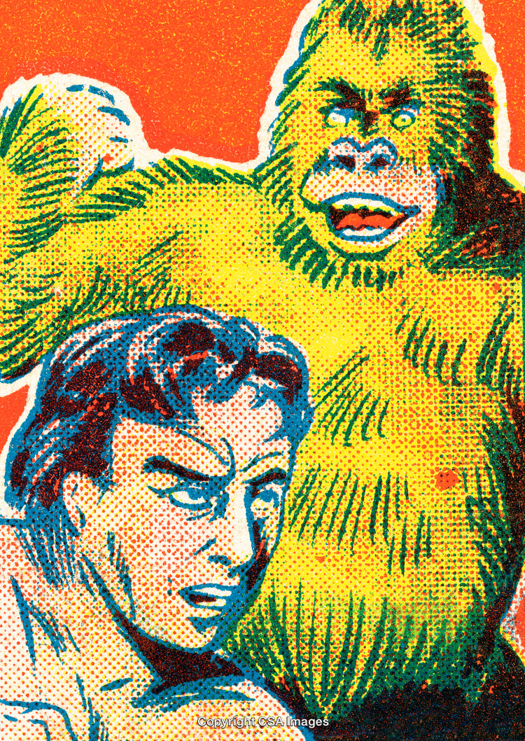 Dramatic Scene of a Heroic Man and a Powerful Gorilla in Vintage Style
