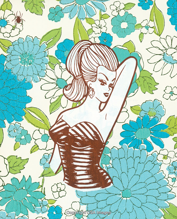 Vintage Illustration of Stylish Woman Against Floral Pattern Background