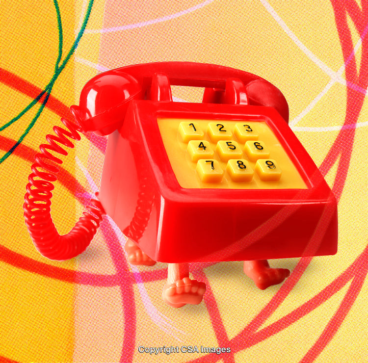 Toy Red Telephone With Legs on a Colorful Artistic Background