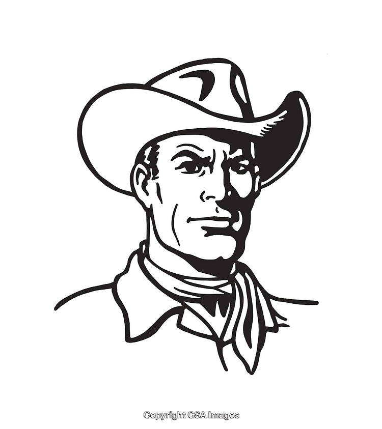 Black and White Line Art Illustration of a Cowboy Wearing a Hat