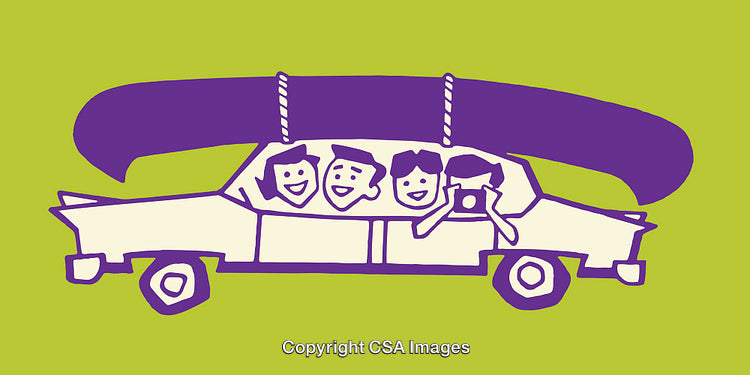 Illustration of Happy Travelers in a Car with a Canoe on Top