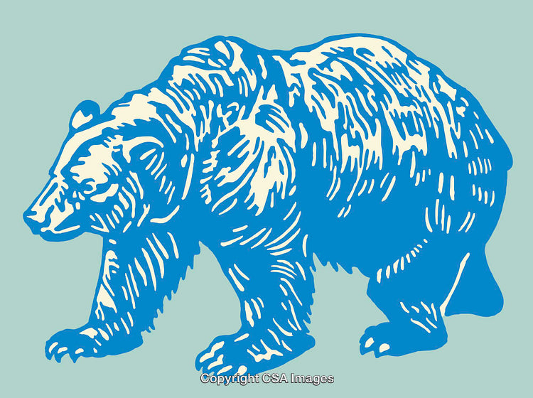 Blue Bear Illustration in Rustic Linocut Style on Light Background