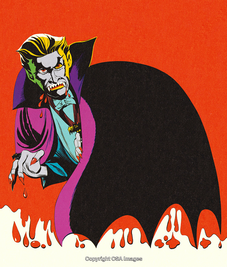 Illustration of a Vampire Dripping Blood in a Dark Retro Style