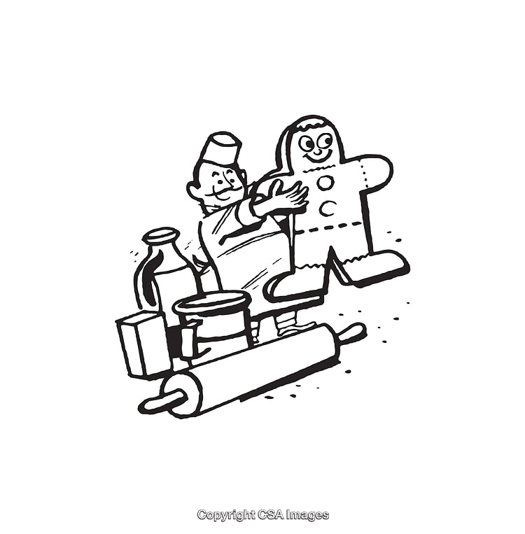 Black and White Cartoon Baker With Gingerbread and Baking Supplies