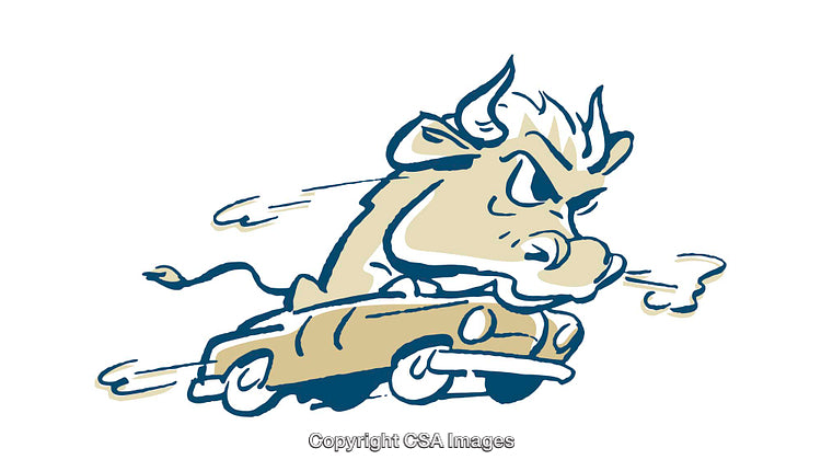 Bold Bull Driving a Car with Determined Expression in Dynamic Illustration