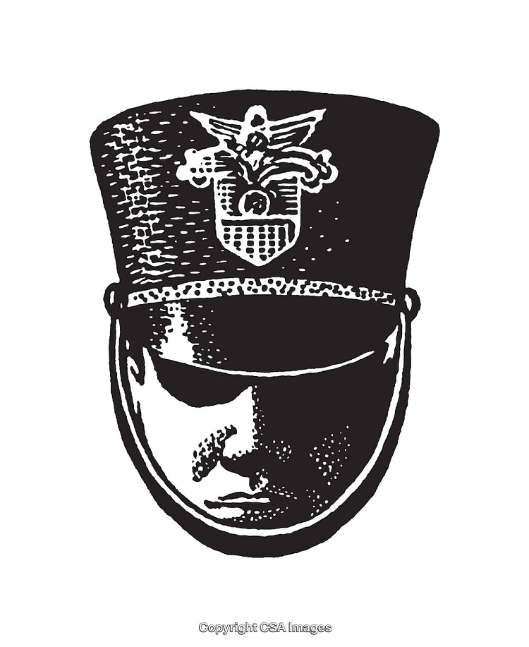 Black and White Illustration of a Military-Themed Hat and Face Design