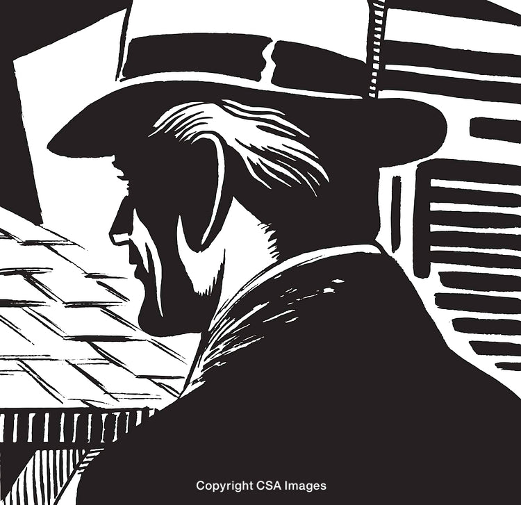 Retro Black and White Illustration of a Person Wearing a Hat