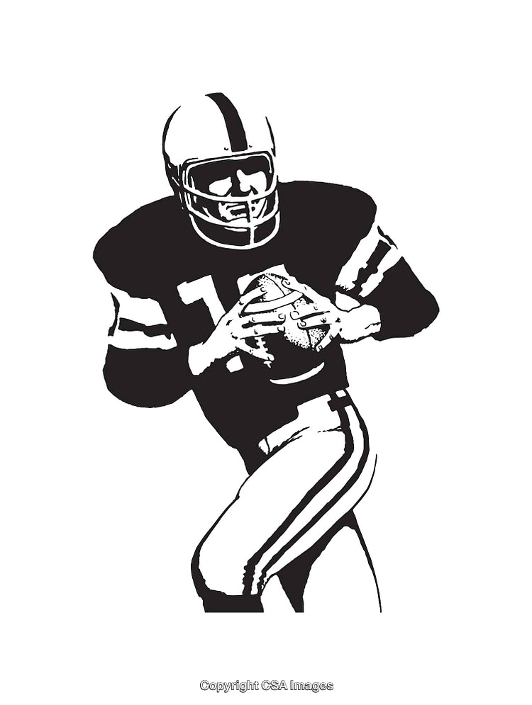 Black and White Line Art of a Football Player Holding Ball in Motion