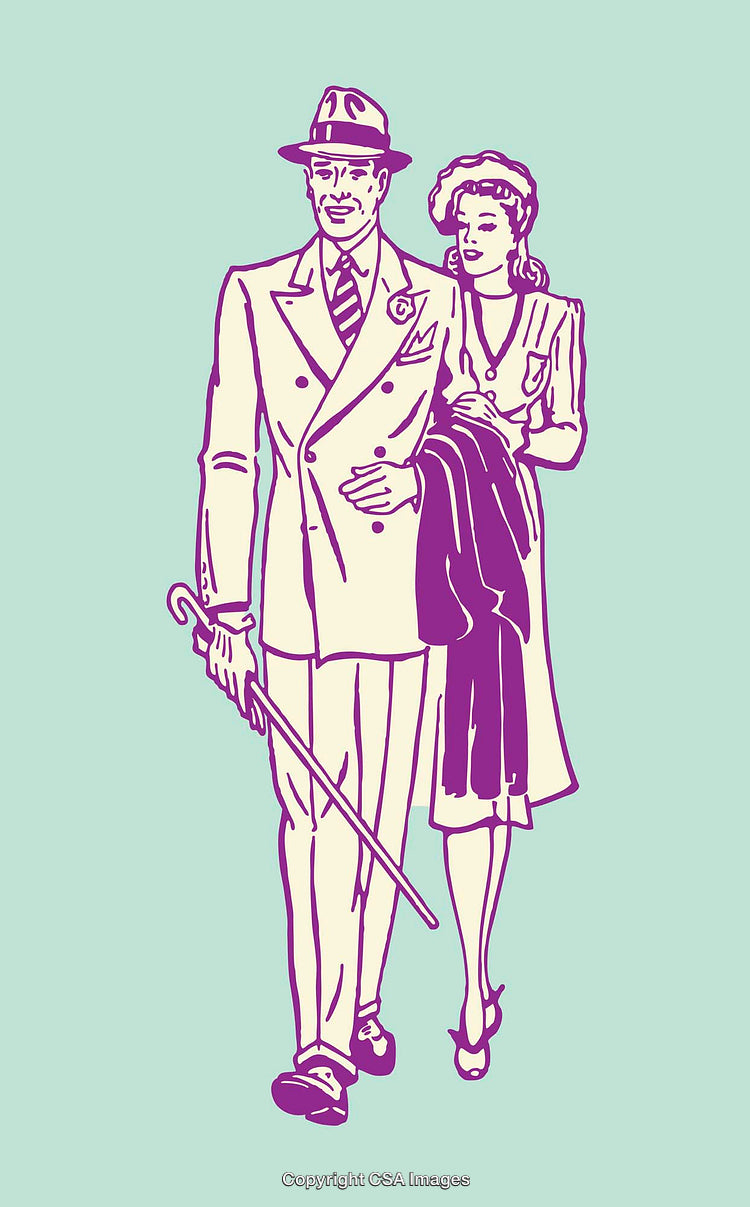 Elegant Retro Couple in Vintage Clothing with Cane Line Art Illustration