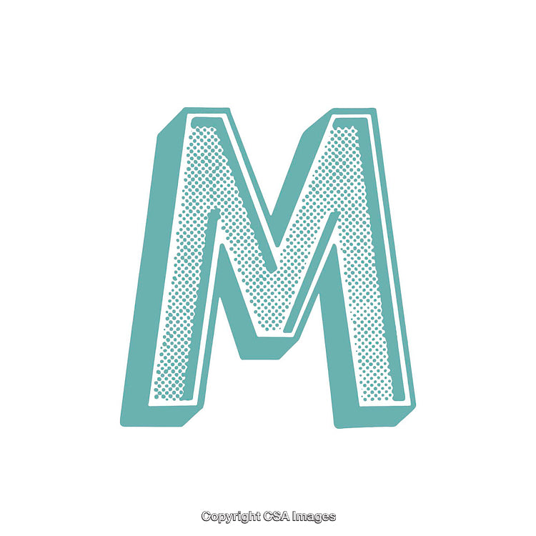 Blue Retro-Style Letter M with Halftone Texture and 3D Effect