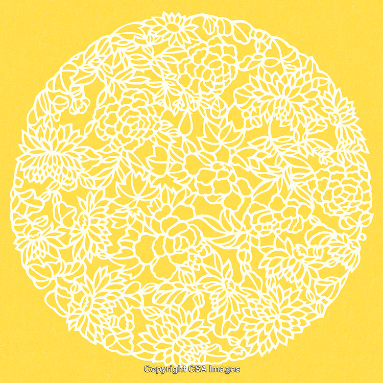 Intricate Circular Floral Pattern on a Vibrant Yellow Background