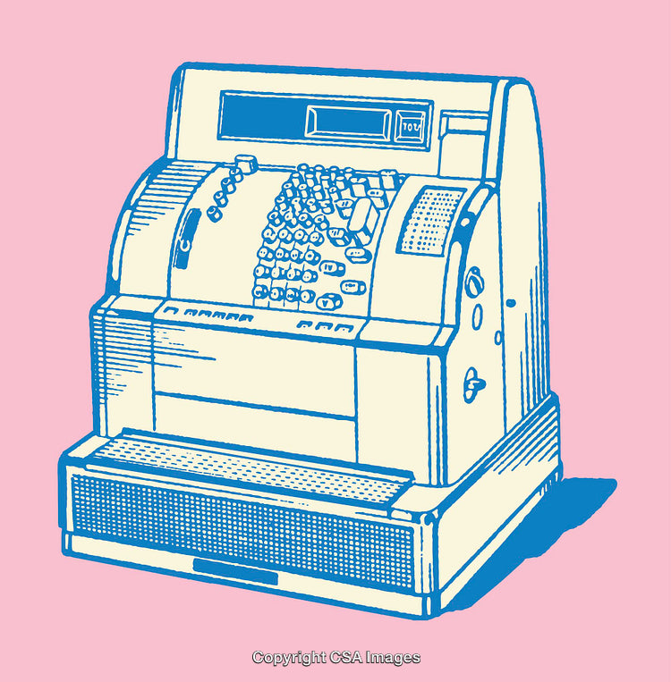 Vintage Cash Register Illustration with Blue on Pink Background