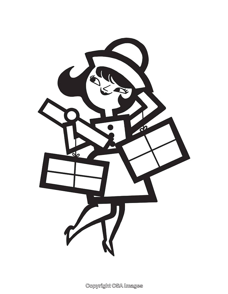 Stylized Illustration of a Shopping Lady Carrying Multiple Gift Boxes