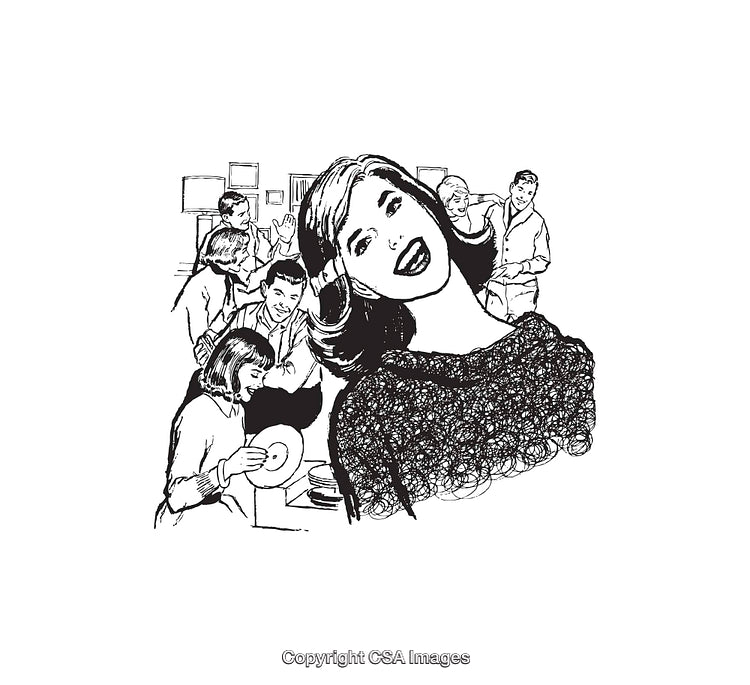 Retro Scene Depicting People Interacting in a Happy Office Setting