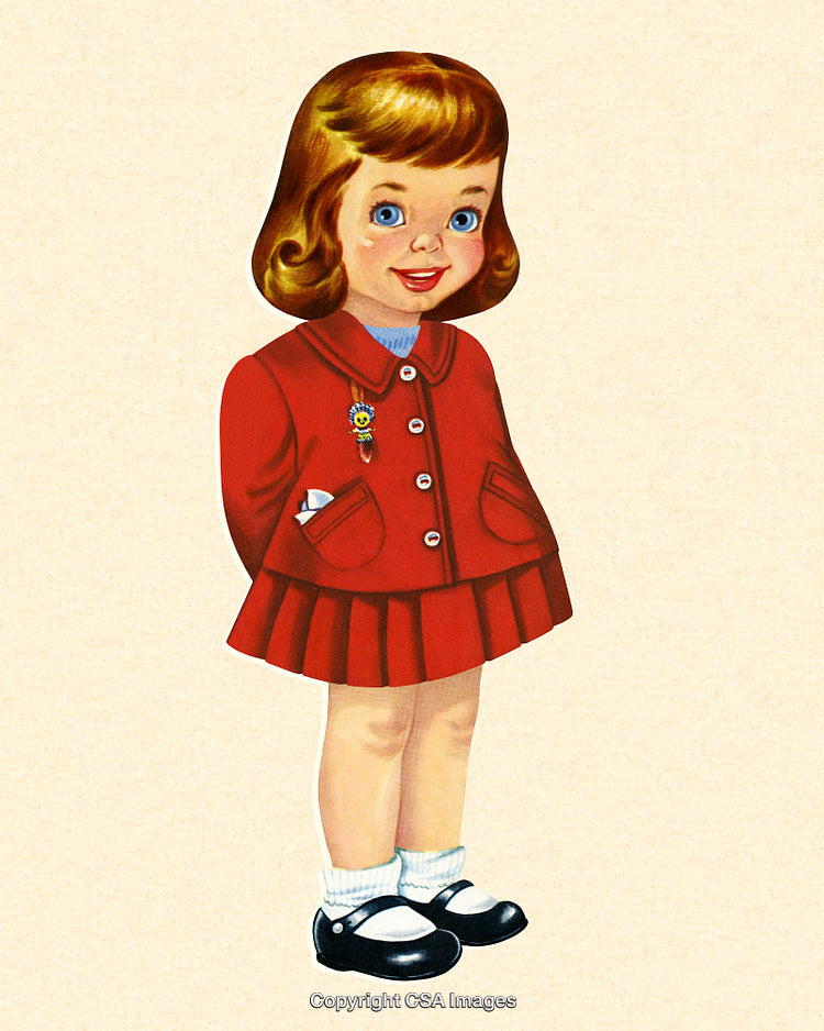 Charming Retro Illustration of a Girl in a Red Outfit Smiling