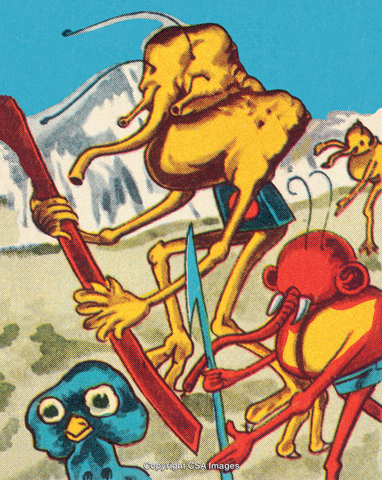 Colorful Surreal Illustration Featuring Quirky Alien Figures and Abstract Elements