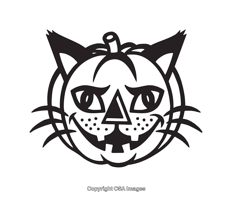Black and White Line Art of Jack-o'-Lantern Cat Illustration