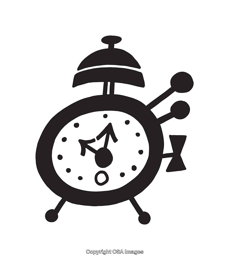 Black and White Line Art Illustration of a Retro Alarm Clock