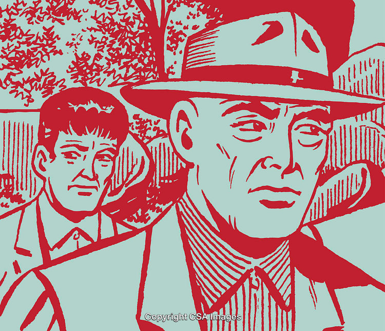 Illustrative Retro Scene with Thoughtful Men in Vintage Attire