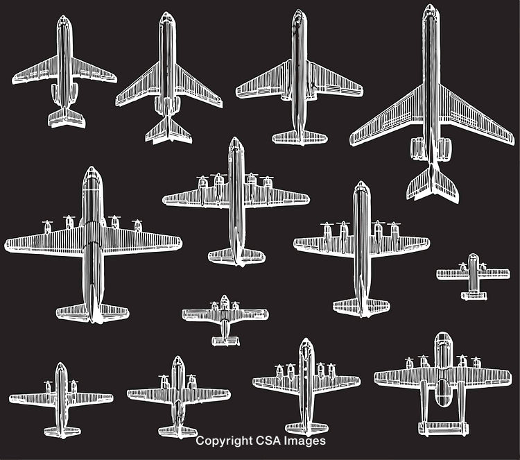 Collection of Hand-Drawn Airplane Blueprints in Stylized Black and White Design