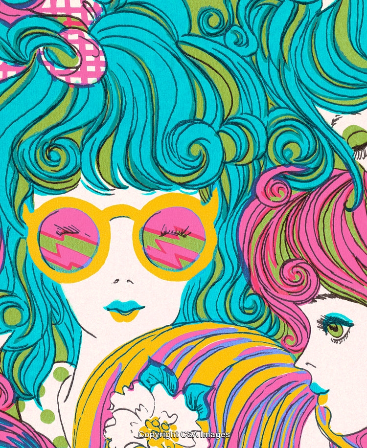 Colorful Retro Illustration of Stylish Women with Bold Hair and Sunglasses