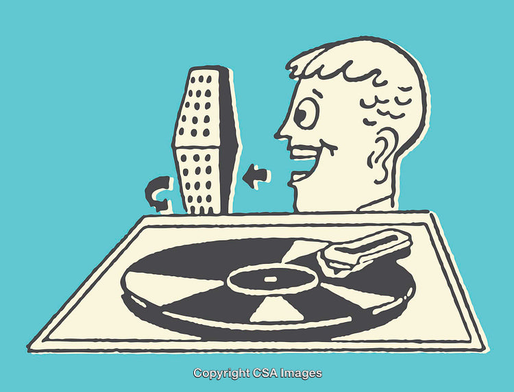 Cartoon Drawing of Vinyl Record Player with Surreal Elements