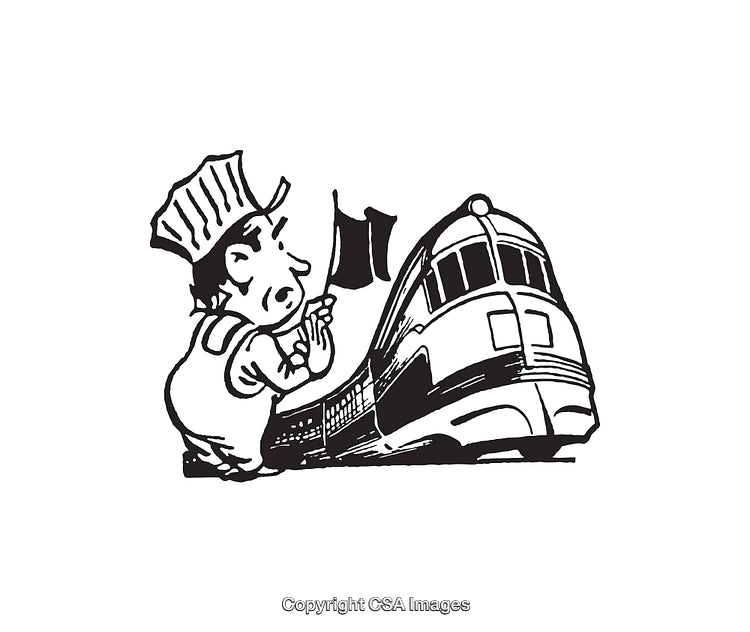 Black and White Cartoon of a Person Waving at a Train